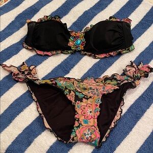 Black Floral Trim Bandeau Bikini with Gem Center